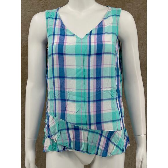 ana A New Approach Top Womens Medium Blue Purple Plaid Ruffle Sleeveless V-Neck - Picture 1 of 9